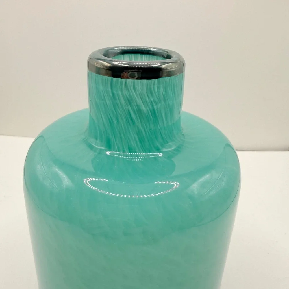 Hand-Blown Glass Vase‎ Home Decor Medium Turquoise Swirl Silver Rim Modern